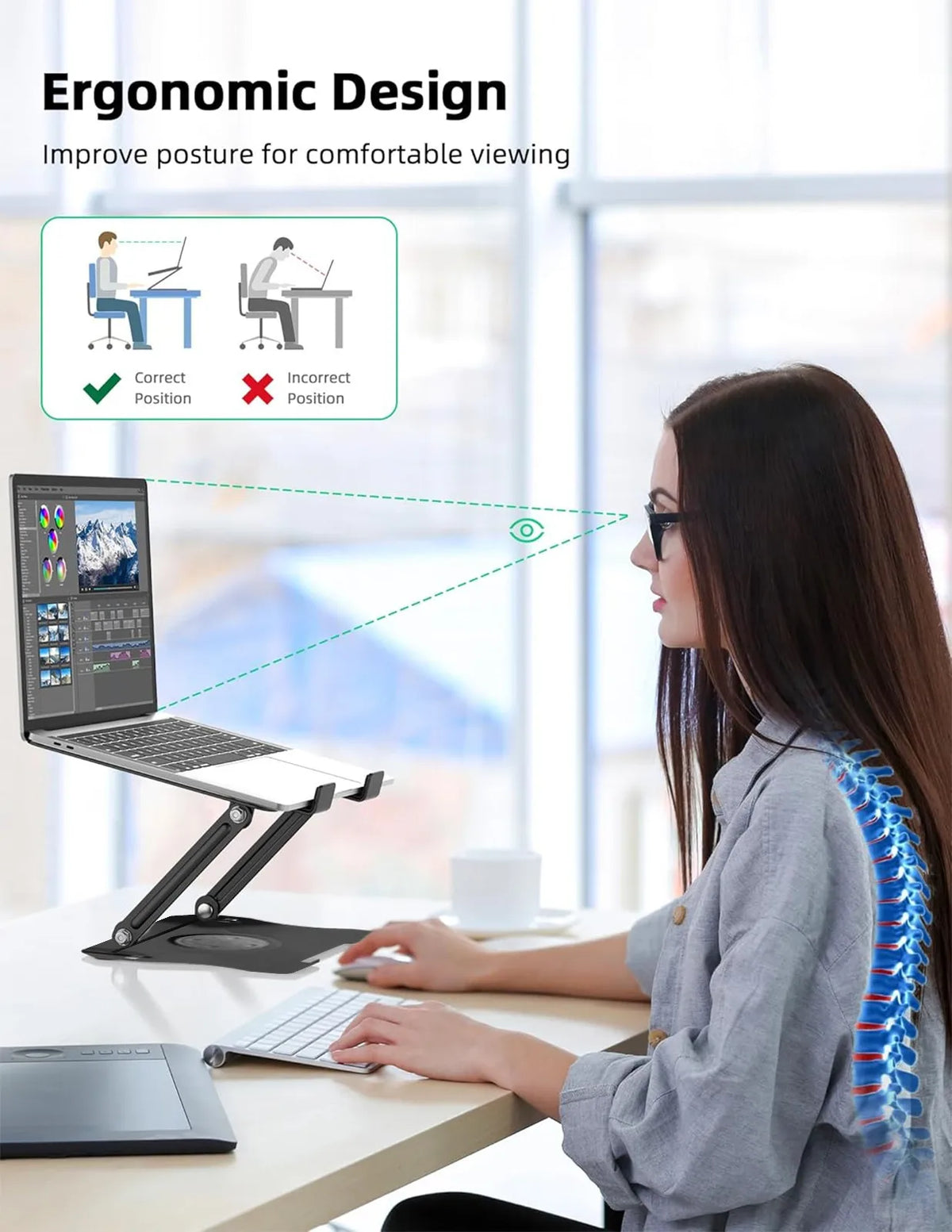 Foldable Laptop Stand 360° Rotating Adjustable Laptop Holder, Ergonomic Metal Notebook Tablet Stand with Height & Angle Adjustment, 8kg Heavy Duty, Non-Slip Silicone Pads, Ventilated Cooling Design for Home Office