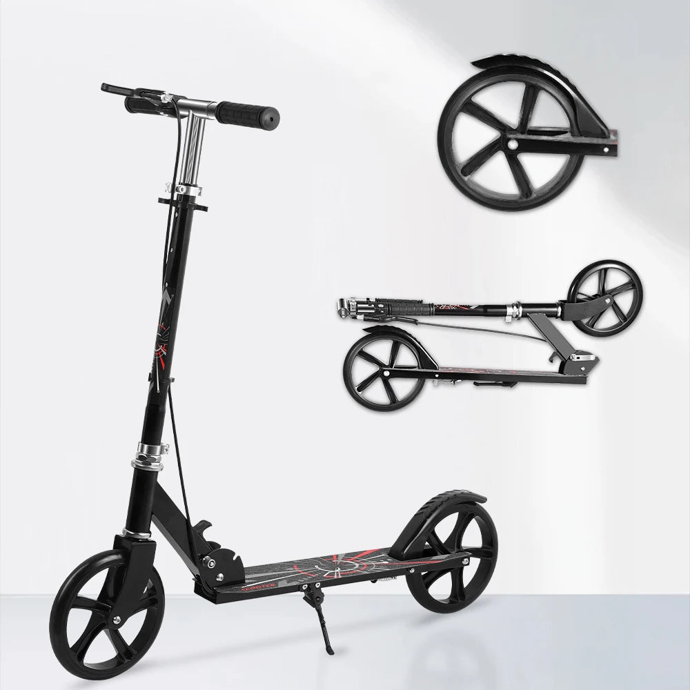 Foldable Commuter Scooter with Adjustable Handle Height Black Frame Rear Brake and Suspension for Kids Ages 6-12 And Adults