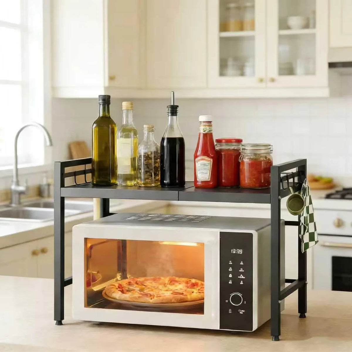 Adjustable Microwave Oven Shelf Rack 40-60cm Expandable Kitchen Countertop Storage Organiser Stand with Hooks, 2-Tier Heavy Duty Metal Shelf, Space Saving Cabinet Organiser for Microwave Toaster Kitchen Appliances