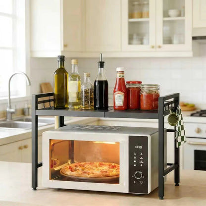 Adjustable Microwave Oven Shelf Rack 40-60cm Expandable Kitchen Countertop Storage Organiser Stand with Hooks, 2-Tier Heavy Duty Metal Shelf, Space Saving Cabinet Organiser for Microwave Toaster Kitchen Appliances