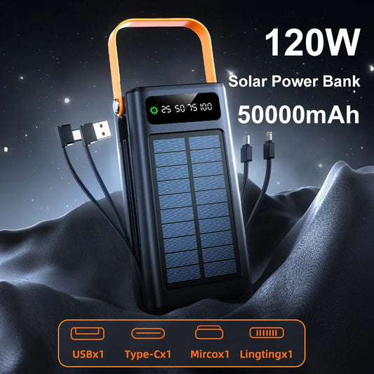 50000mAh Solar Panel Power Bank Fast Charging Comes with Four Wire External Battery Pack  Large Capacity Mobile Power