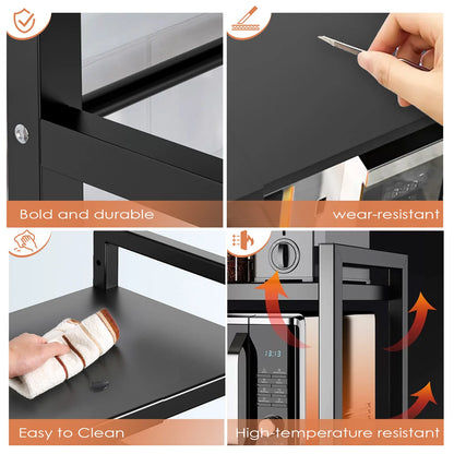 Adjustable Microwave Oven Shelf Rack 40-60cm Expandable Kitchen Countertop Storage Organiser Stand with Hooks, 2-Tier Heavy Duty Metal Shelf, Space Saving Cabinet Organiser for Microwave Toaster Kitchen Appliances
