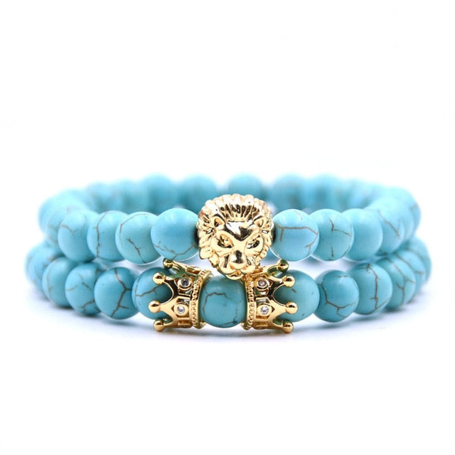 King Lion Bracelet Charm Crown Couple Braclet 5 kinds of Natural Stone Bead Braslet For Men Hand Jewelry Accessories