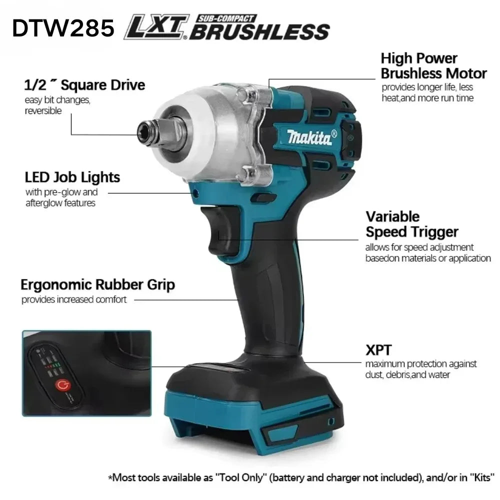 Makita DTW285 high torque impact wrench, wireless rechargeable handheld wrench, 18V lithium battery multifunctional tool