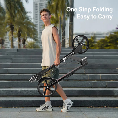 Foldable Commuter Scooter with Adjustable Handle Height Black Frame Rear Brake and Suspension for Kids Ages 6-12 And Adults