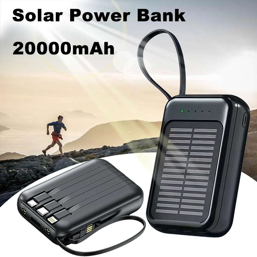20000mAh Mini Solar Power Bank Built in 4 Cables  Portable External Battery Pack with  LED Light for Cell Phones