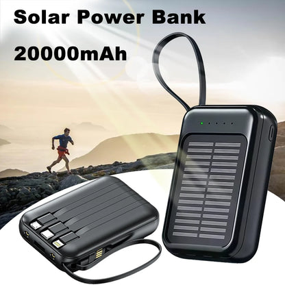 20000mAh Mini Solar Power Bank Built in 4 Cables  Portable External Battery Pack with  LED Light for Cell Phones