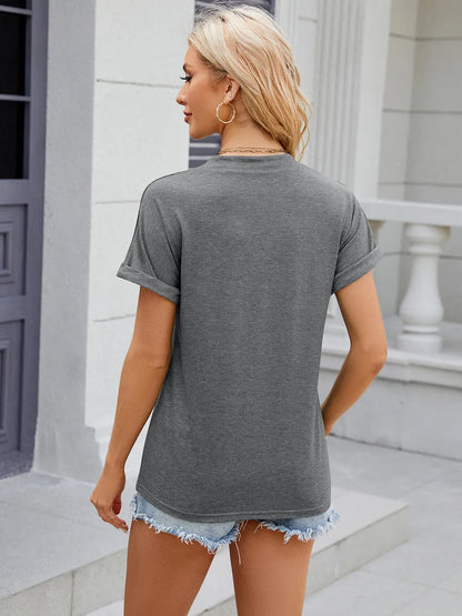Solid color V-neck button loose short sleeved T-shirt top