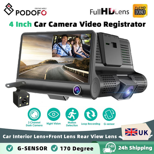 Podofo 3 Channel Car DVR 3-Lens Inside Vehicle Dash CamThree Way Camera DVRs Recorder Video Registrator Dashcam Camcorder