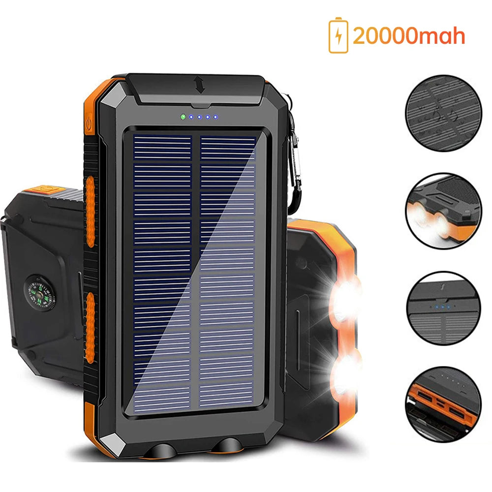 20000mAh Portable Solar Power Banks Outdoor Backup Power External Battery Pack with  LED Light Compass Powerbanks