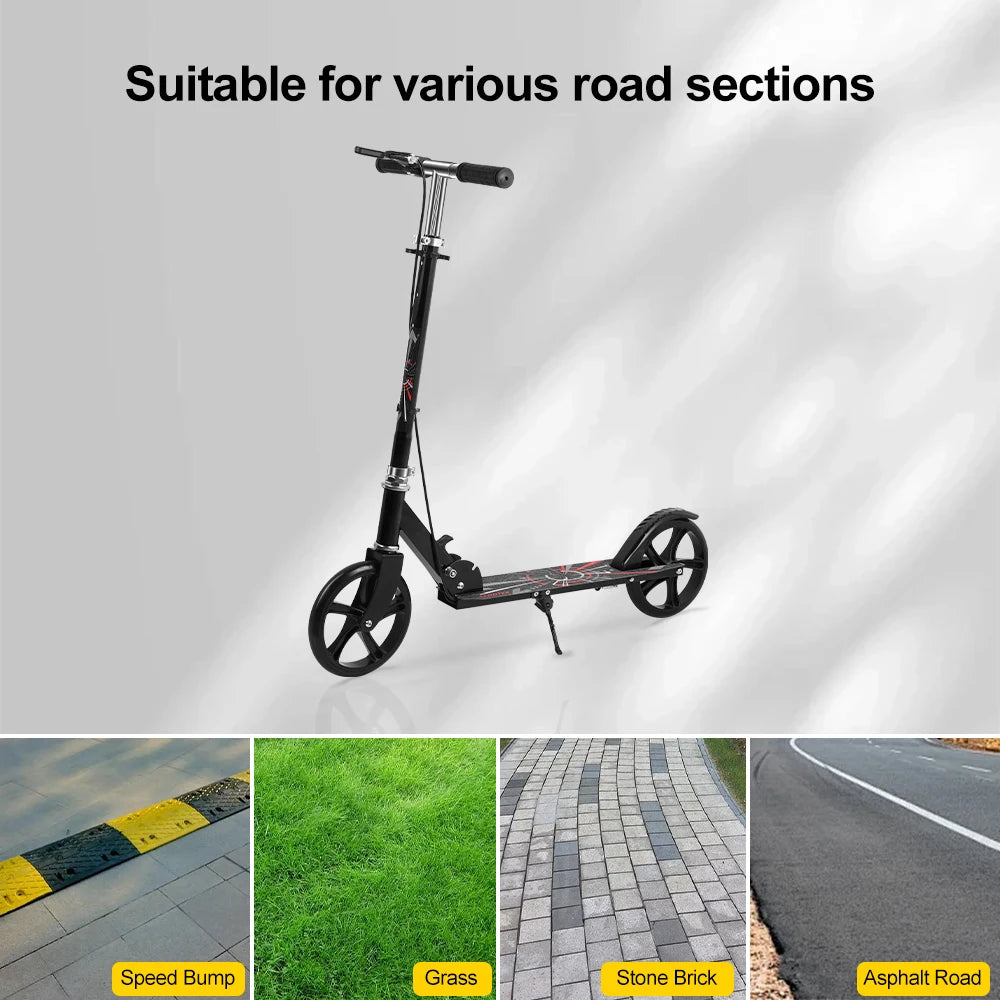 Foldable Commuter Scooter with Adjustable Handle Height Black Frame Rear Brake and Suspension for Kids Ages 6-12 And Adults