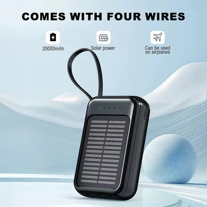 20000mAh Mini Solar Power Bank Built in 4 Cables  Portable External Battery Pack with  LED Light for Cell Phones