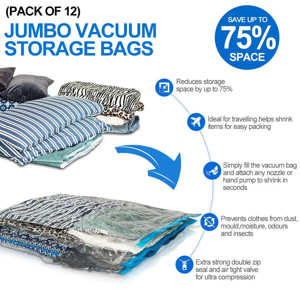 12pcs Vacuum Storage Bags With Valve Folding Compressed Space Saving Clothes Storage Big Size For Towel Cloth Blanket