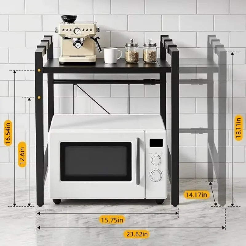 Adjustable Microwave Oven Shelf Rack 40-60cm Expandable Kitchen Countertop Storage Organiser Stand with Hooks, 2-Tier Heavy Duty Metal Shelf, Space Saving Cabinet Organiser for Microwave Toaster Kitchen Appliances