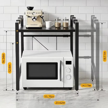 Adjustable Microwave Oven Shelf Rack 40-60cm Expandable Kitchen Countertop Storage Organiser Stand with Hooks, 2-Tier Heavy Duty Metal Shelf, Space Saving Cabinet Organiser for Microwave Toaster Kitchen Appliances