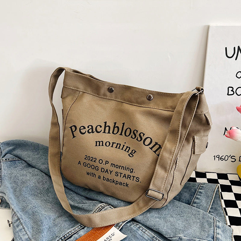 Letter canvas bag, women's new trendy tote bag, student class large capacity crossbody bag