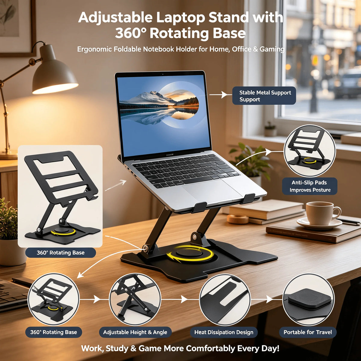 Foldable Laptop Stand 360° Rotating Adjustable Laptop Holder, Ergonomic Metal Notebook Tablet Stand with Height & Angle Adjustment, 8kg Heavy Duty, Non-Slip Silicone Pads, Ventilated Cooling Design for Home Office