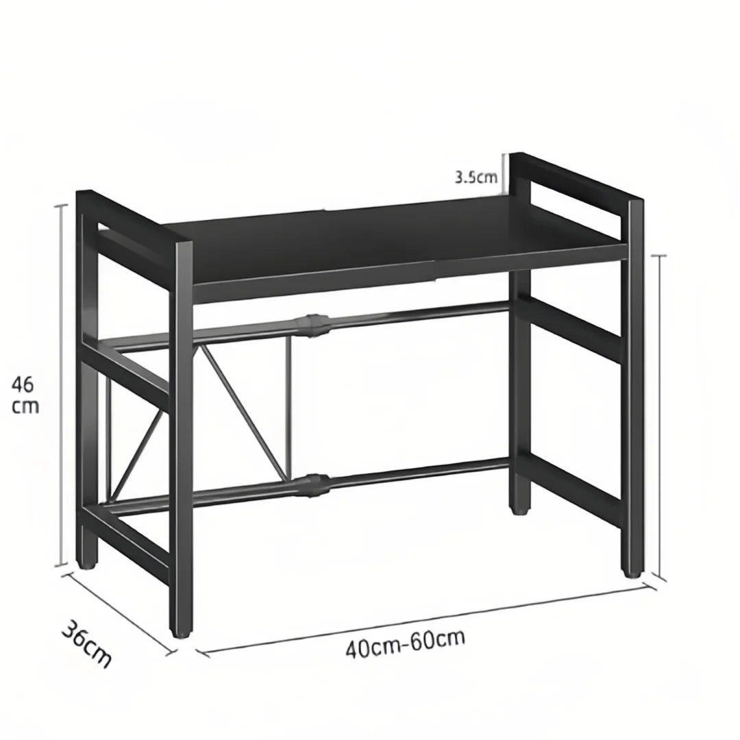 Adjustable Microwave Oven Shelf Rack 40-60cm Expandable Kitchen Countertop Storage Organiser Stand with Hooks, 2-Tier Heavy Duty Metal Shelf, Space Saving Cabinet Organiser for Microwave Toaster Kitchen Appliances