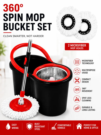 360° FLOOR MAGIC SPIN MOP BUCKET SET PREMIUM ROTATING DRY HEADS WITH 2 HEADS