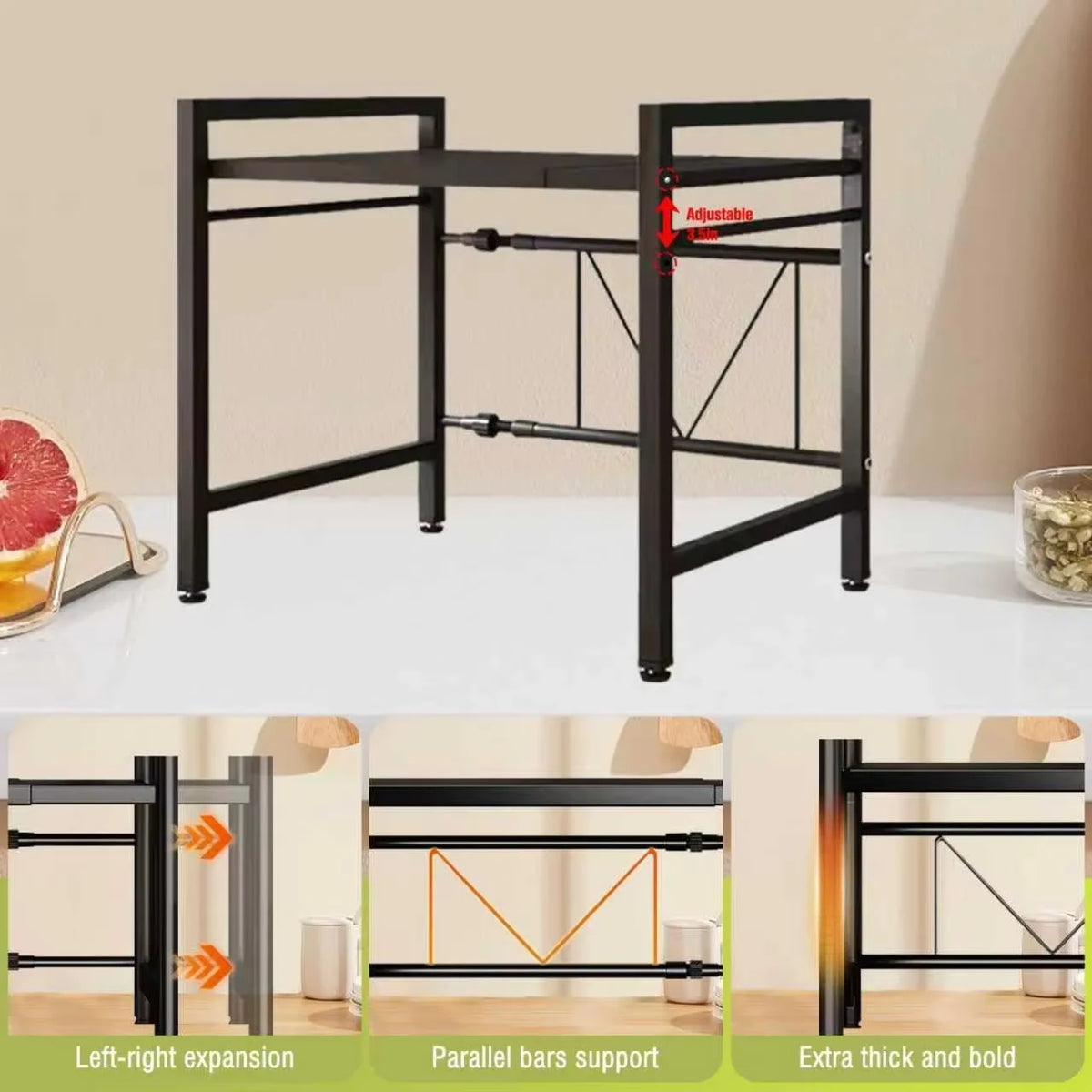Adjustable Microwave Oven Shelf Rack 40-60cm Expandable Kitchen Countertop Storage Organiser Stand with Hooks, 2-Tier Heavy Duty Metal Shelf, Space Saving Cabinet Organiser for Microwave Toaster Kitchen Appliances
