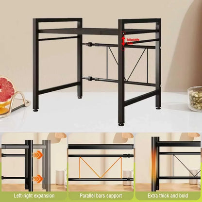 Adjustable Microwave Oven Shelf Rack 40-60cm Expandable Kitchen Countertop Storage Organiser Stand with Hooks, 2-Tier Heavy Duty Metal Shelf, Space Saving Cabinet Organiser for Microwave Toaster Kitchen Appliances