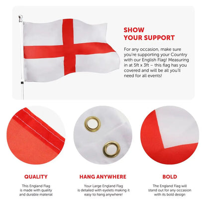 Large England Flag - 5ft x 3ft English Flag - Euros Football Supporter Indoor Outdoor Decoration - St Georges Day