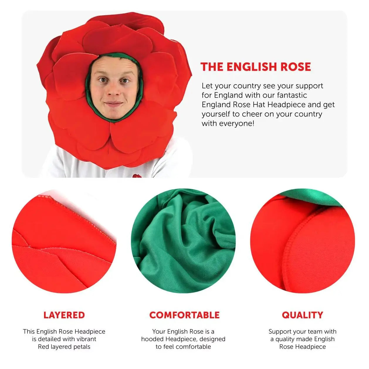 England Rose Hat - Rugby & Football Supporters Accessory, Red Petal Headpiece with Green Hood - Six Nations & World Cup