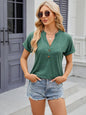 Solid color V-neck button loose short sleeved T-shirt top