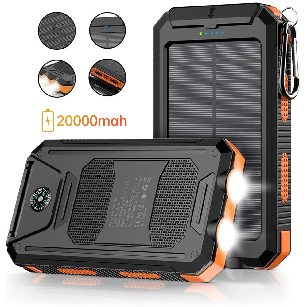 20000mAh Portable Solar Power Bank Camping External Battery Charger for Mobile Phones 2 USB/ LED Flashlights Charger