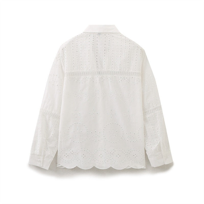 Fashionable vertical lace embroidered long sleeved loose shirt