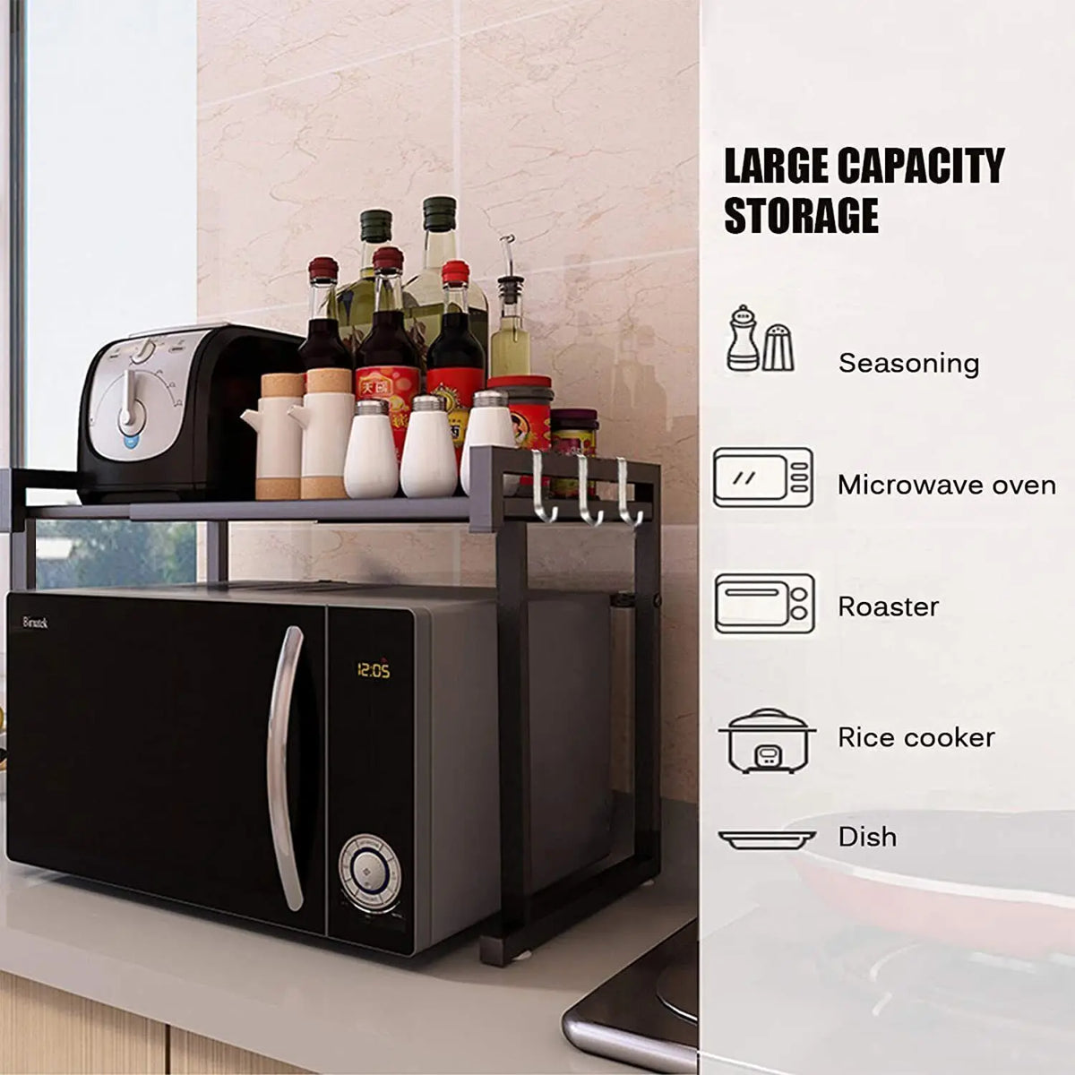 Adjustable Microwave Oven Shelf Rack 40-60cm Expandable Kitchen Countertop Storage Organiser Stand with Hooks, 2-Tier Heavy Duty Metal Shelf, Space Saving Cabinet Organiser for Microwave Toaster Kitchen Appliances