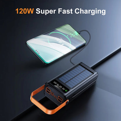 50000mAh Solar Panel Power Bank Fast Charging Comes with Four Wire External Battery Pack  Large Capacity Mobile Power