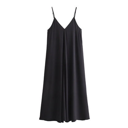 Solid color casual loose strap MIDI dress