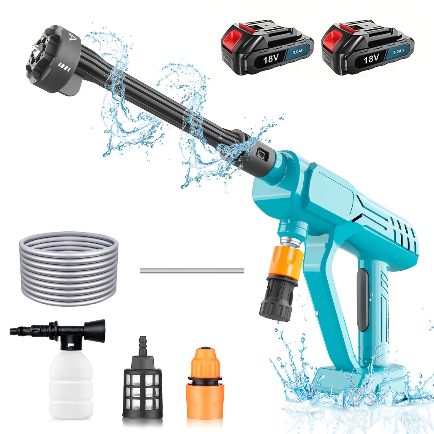 Cordless Pressure Washer, 6-in-1 Nozzle Washer Gun with 2 x 3000mAH Battery 520PSI High Pressure Car Washer Car Floor Cleaner