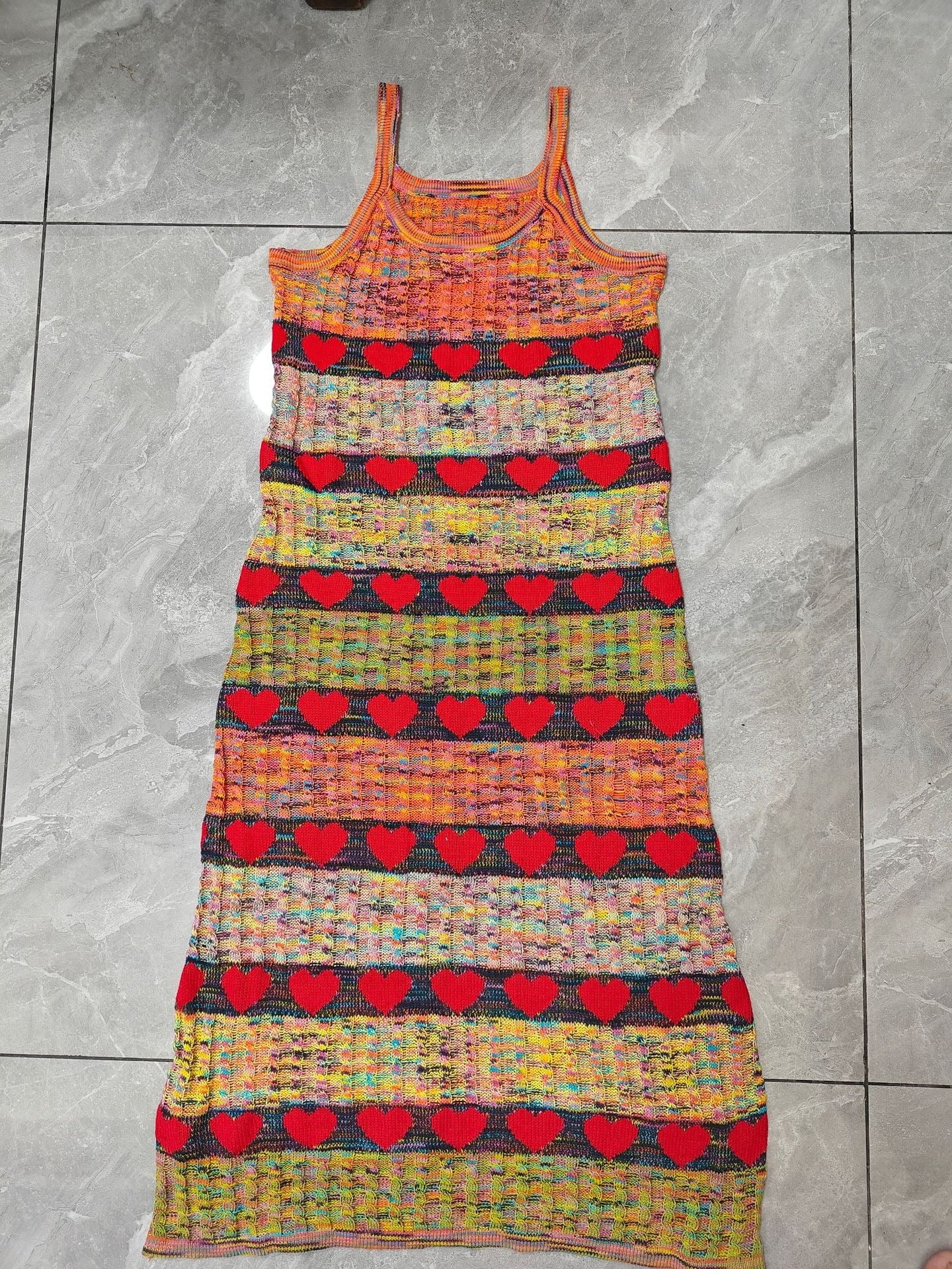 Holiday Knitted Dress Women's Summer Colorful Wave Pattern Strap Skirt Long Style Temperament V-neck Long Skirt