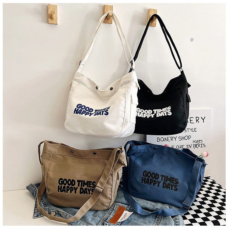 Letter canvas bag, women's new trendy tote bag, student class large capacity crossbody bag