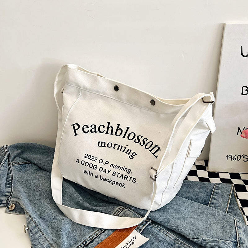 Letter canvas bag, women's new trendy tote bag, student class large capacity crossbody bag