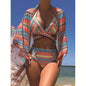 Three piece swimsuit women's tight bikini cross tie high waisted sun protection swimsuit women