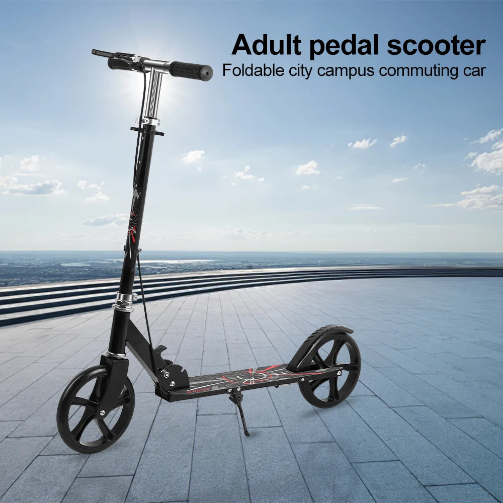 Foldable Commuter Scooter with Adjustable Handle Height Black Frame Rear Brake and Suspension for Kids Ages 6-12 And Adults