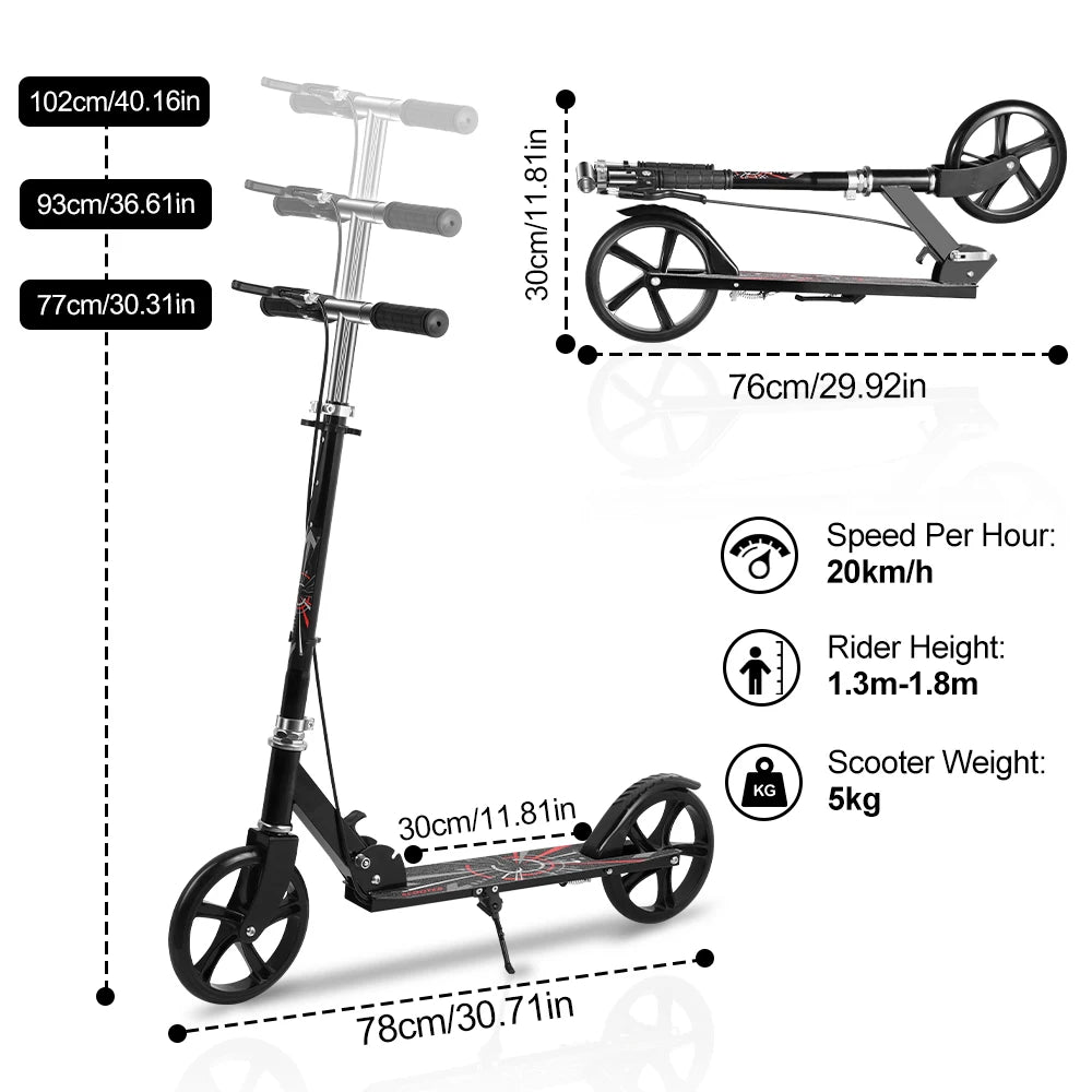 Foldable Commuter Scooter with Adjustable Handle Height Black Frame Rear Brake and Suspension for Kids Ages 6-12 And Adults