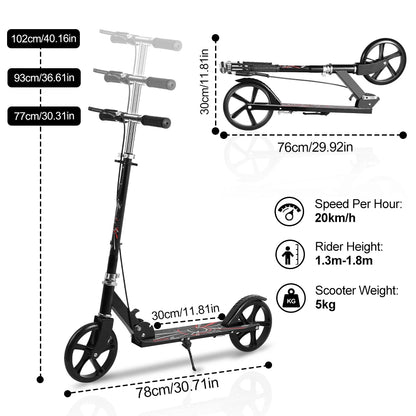 Foldable Commuter Scooter with Adjustable Handle Height Black Frame Rear Brake and Suspension for Kids Ages 6-12 And Adults