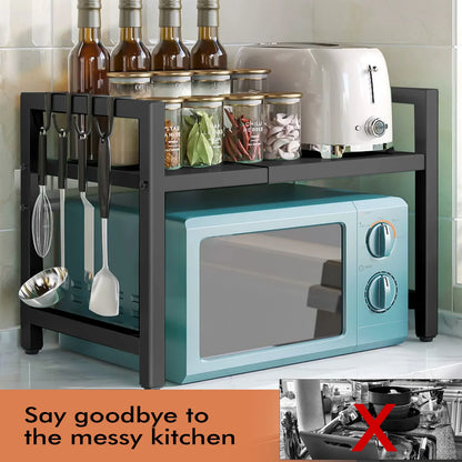 Adjustable Microwave Oven Shelf Rack 40-60cm Expandable Kitchen Countertop Storage Organiser Stand with Hooks, 2-Tier Heavy Duty Metal Shelf, Space Saving Cabinet Organiser for Microwave Toaster Kitchen Appliances