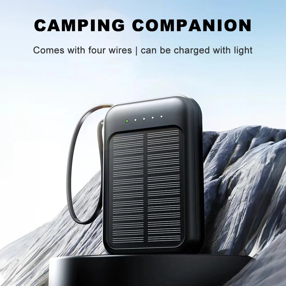 20000mAh Mini Solar Power Bank Built in 4 Cables  Portable External Battery Pack with  LED Light for Cell Phones