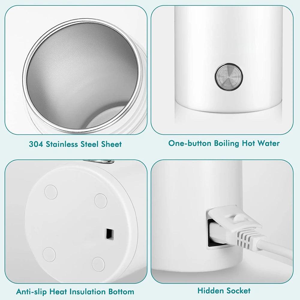 Portable Electric Travel Kettle 400ml  Stainless Steel Vacuum Insulated for Tea/Coffee/Baby Milk Fast Boiling