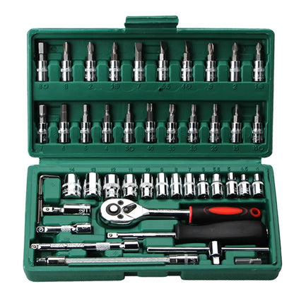 46 Pcs 1/4” Drive Socket Ratchet Wrench Set with Storage Case, Includes Metric Bit Socket Set and Extension Bar for Auto Repair