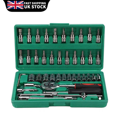 46 Pcs 1/4” Drive Socket Ratchet Wrench Set with Storage Case, Includes Metric Bit Socket Set and Extension Bar for Auto Repair