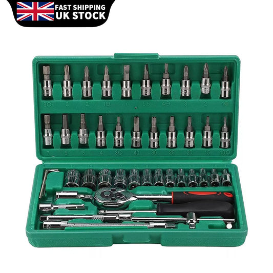 46 Pcs 1/4” Drive Socket Ratchet Wrench Set with Storage Case, Includes Metric Bit Socket Set and Extension Bar for Auto Repair
