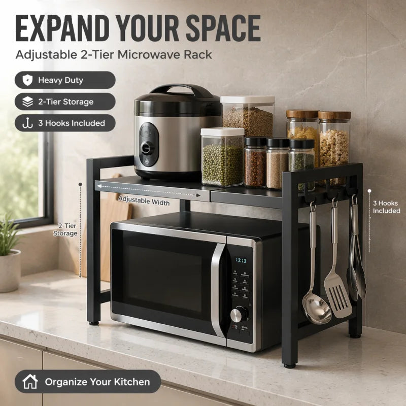 Adjustable Microwave Oven Shelf Rack 40-60cm Expandable Kitchen Countertop Storage Organiser Stand with Hooks, 2-Tier Heavy Duty Metal Shelf, Space Saving Cabinet Organiser for Microwave Toaster Kitchen Appliances