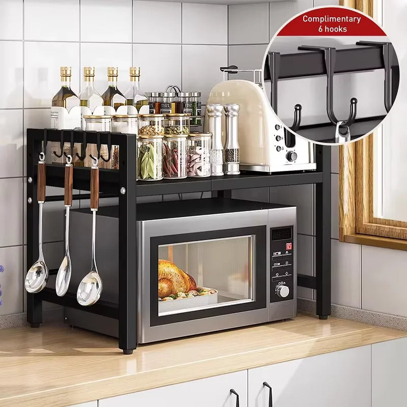 Adjustable Microwave Oven Shelf Rack 40-60cm Expandable Kitchen Countertop Storage Organiser Stand with Hooks, 2-Tier Heavy Duty Metal Shelf, Space Saving Cabinet Organiser for Microwave Toaster Kitchen Appliances