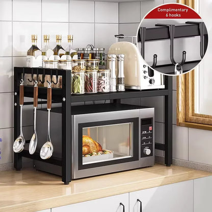 Adjustable Microwave Oven Shelf Rack 40-60cm Expandable Kitchen Countertop Storage Organiser Stand with Hooks, 2-Tier Heavy Duty Metal Shelf, Space Saving Cabinet Organiser for Microwave Toaster Kitchen Appliances